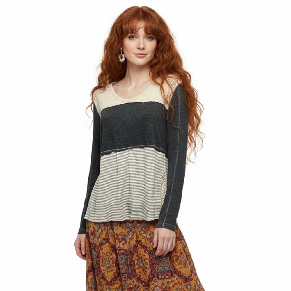 Poof! Boho Colorblock Striped Tunic Top with Lace Accents – Size Medium